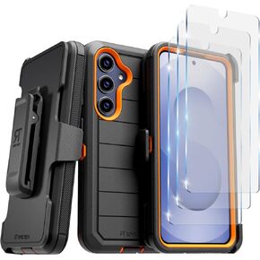 for Samsung Galaxy S25 Plus Case with Belt Clip Holster & Kickstand, 3-Pack Screen Protector for Galaxy S25 Plus - Black & Orange