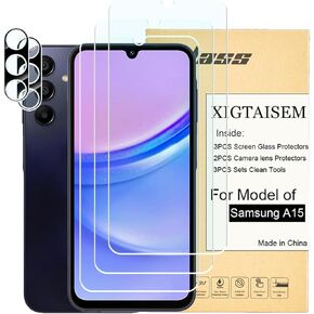 3+2pack for Samsung A15 Screen Protector ، [6.5 بوصة شاشة] واقي شاشة 3Pack وحامي عدسة الكاميرا 2 ، وحواف منحنية 2.5D ، فيلم زجاجي مزخرف ، [9H صلابة]