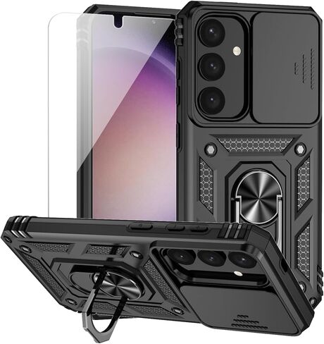 بالنسبة لحالة Samsung Galaxy S25 مع حامي شاشة HD Cover Cover ، فإن حامل الحلقة المغناطيسية ذات الطبقات العسكرية ذات الطبقات العسكرية. in Kuwait