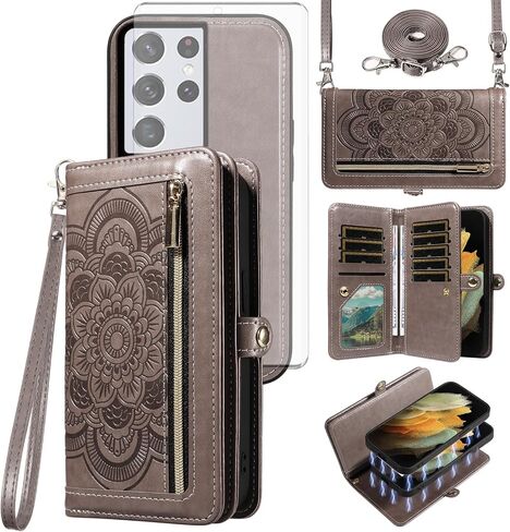 Asuwish Phone Case for Samsung Galaxy S21 Ultra 5G Zipper Wallet Detachable Cell Cover with Tempered Glass Screen Protector Crossbody Strap Flower Card Holder S21ultra 21S S 21 21ultra G5 Women Gray in Saudi Arabia