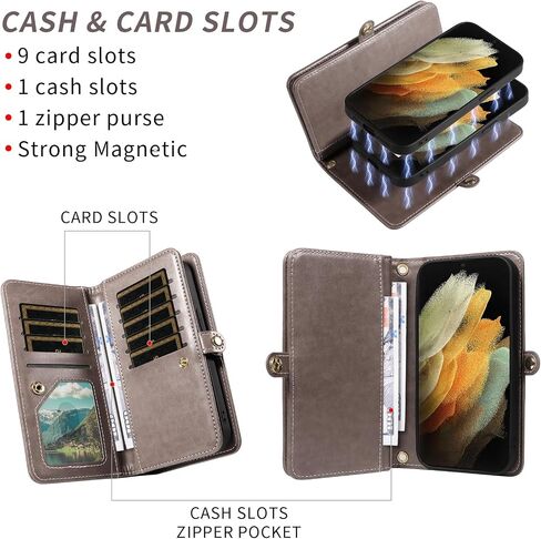 Asuwish Phone Case for Samsung Galaxy S21 Ultra 5G Zipper Wallet Detachable Cell Cover with Tempered Glass Screen Protector Crossbody Strap Flower Card Holder S21ultra 21S S 21 21ultra G5 Women Gray in Saudi Arabia