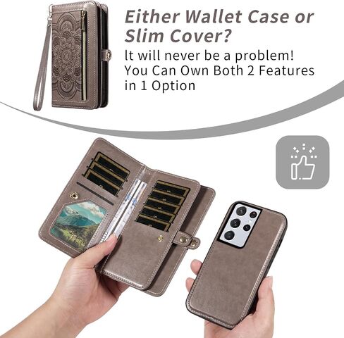 Asuwish Phone Case for Samsung Galaxy S21 Ultra 5G Zipper Wallet Detachable Cell Cover with Tempered Glass Screen Protector Crossbody Strap Flower Card Holder S21ultra 21S S 21 21ultra G5 Women Gray in Saudi Arabia
