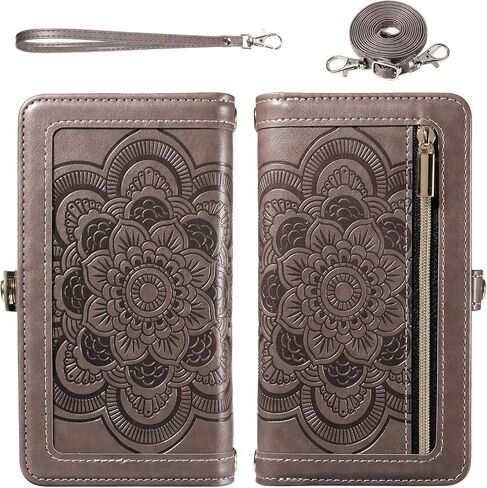Asuwish Phone Case for Samsung Galaxy S21 Ultra 5G Zipper Wallet Detachable Cell Cover with Tempered Glass Screen Protector Crossbody Strap Flower Card Holder S21ultra 21S S 21 21ultra G5 Women Gray in Saudi Arabia