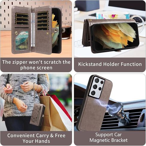 Asuwish Phone Case for Samsung Galaxy S21 Ultra 5G Zipper Wallet Detachable Cell Cover with Tempered Glass Screen Protector Crossbody Strap Flower Card Holder S21ultra 21S S 21 21ultra G5 Women Gray in Saudi Arabia