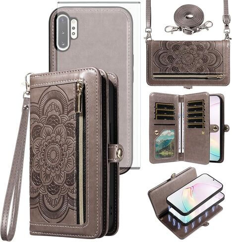 حالة الهاتف ASUWISH لـ Samsung Galaxy Note 10 Plus Note10+ 5G ZIPPER WALLET CELLED مع حزام زهرة شاشة الزجاج المزدحمة NOTE10+ NOTES 10+ TEN S10 10PLUS GRAY in Kuwait