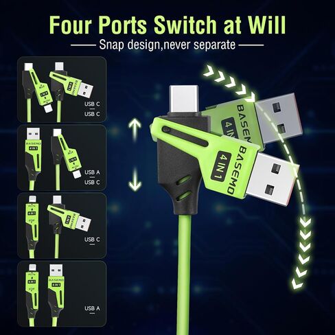 4 في 1 كابل بيانات سريع الربيع ، 65W 4.9 قدم كبل شحن متعددة لجهاز iPhone/iPad/MacBook Pro/AirPods/Samsung/Android (أسود) in Saudi Arabia