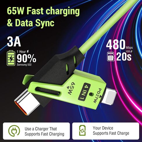 4 في 1 كابل بيانات سريع الربيع ، 65W 4.9 قدم كبل شحن متعددة لجهاز iPhone/iPad/MacBook Pro/AirPods/Samsung/Android (أسود) in Saudi Arabia