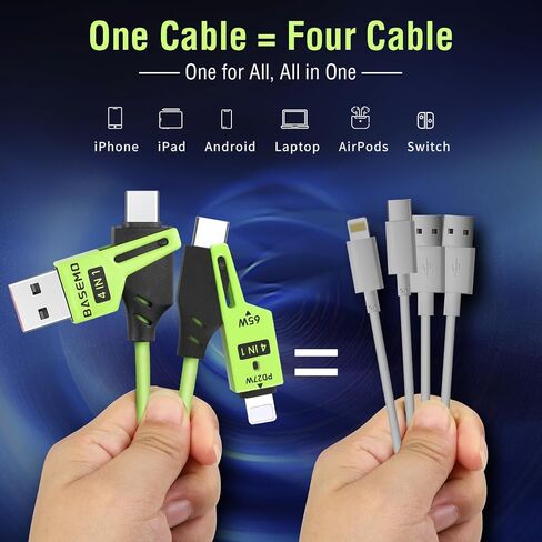 4 في 1 كابل بيانات سريع الربيع ، 65W 4.9 قدم كبل شحن متعددة لجهاز iPhone/iPad/MacBook Pro/AirPods/Samsung/Android (أسود) in Saudi Arabia