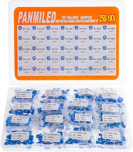 PANMILED 50 قيمة 500 قطعة مجموعة متنوعة من مكثفات السيراميك عالية الجهد DIP (نطاق المكثف: 5pF ~ 10nF) (2KV/2000V و3KV/3000V) in Kuwait