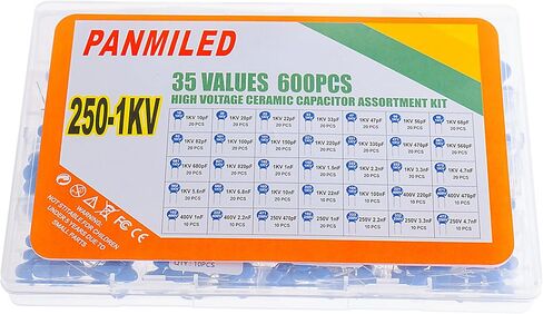 PANMILED 50 قيمة 500 قطعة مجموعة متنوعة من مكثفات السيراميك عالية الجهد DIP (نطاق المكثف: 5pF ~ 10nF) (2KV/2000V و3KV/3000V) in Kuwait