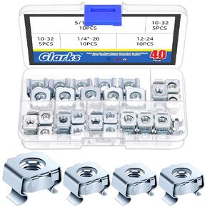 Glarks 40pcs 1/4"-20, 5/16"-18, 10-32, 12-24 Snap-in Cage Nut, Zinc Plated Carbon Steel Captive Cage Nut, Rack Mount Screw, Server Rack Screw for Rack Mount Server Cabinet