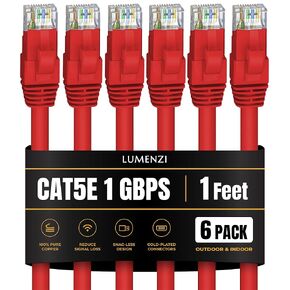 Cat 5e Ethernet Cable 1 FT in Red 6 Pack 1 Gbps Speed Network Short Round Rj45 Outdoor Indoor Direct Burial Bare Copper LAN Patch Cable for Router Gaming PS5 Xbox Printer Computer CCTV Switch
