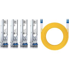4 Pack 1Gb Singlemode Module with 10m OS2 LC to LC Fiber Cable, 1000BASE-LX/LH Compatible for Cisco GLC-LH-SMD, Meraki, Ubiquiti,Mikrotik, Intel, Netgear,D-Link and More
