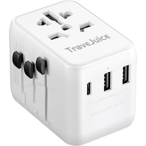 محول السفر العالمي ، محول توصيل Travejuice International مع USB-C & 2 USB-A Outlet Wall Charger ، الولايات المتحدة إلى المملكة المتحدة ، AU ، محول سدادة السفر الأوروبي ، كل ذلك في محول واحد في جميع أنحاء العالم أساسيات السفر