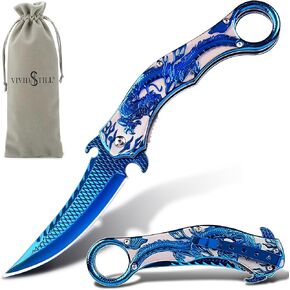 Pocket Knife for Men, Cool Folding Knife With 3D Blue Dragon Relief, Great Gift Edc Knife For Men Outdoor Survival Camping Hiking
