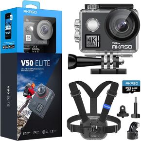 AKASO V50 Elite Action Camera with MicroSDXC U3 Card and Quick Release Chest Strap Accessories Kit Bundle
