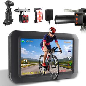 VSYSTO Bicycle Camera, Selfie Mode, WiFi GPS Colorful Taillight HD 1080P Front and Rear View Camera 4 Inch Screen Bike Dash Cam, Assisted Driving Mode, Temperature Display, G-Sensor, Wired Controller