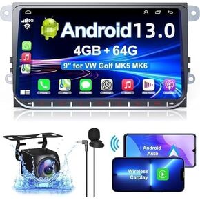 Car Radio for Volkswagen VW Passat Jetta Tiguan Golf MK5 MK6 Head Unit, 9" IPS Screen,4+64GB Wireless CarPlay& Android Auto Car Stereo, GPS Bluetooth 5.2 DSP FM Radio Back-up Camera Voice Control WiFi
