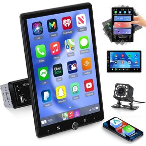 Single Din Vertical Car Stereo 10.4 inch Rotatable Touch Screen Radio - Wireless Carplay/Android Auto/EQ Audio/Bluetooth/GPS Navigation/FM Radio/SWC +Backup Camera