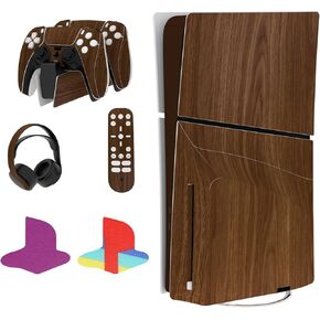 PlayVital Wood Grain Full Set Skin Sticker for ps5 Slim Console Disc Edition+12 PCS Logo Underlay Sticker for ps5 Slim Console