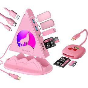 1.6ft Pink 8-in-1 USB-C HDMI Hub + 8cm USB-C SD Card Reader Bundle for Enhanced Workspace Productivity, Compatible with iPad Pro, MacBook, Samsung Galaxy S24