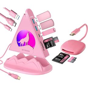 Pink 8-in-1 USB-C Hub with Stand & 8cm 2-in-1 SD Card Reader Bundle – 100W PD, 4K HDMI, USB-A, SD/TF Slots for MacBook, iPad Pro, Galaxy S24 & More