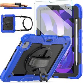 Ambison Case for iPad Air 5th/4th Generation (2022/2020) 10.9-inch, [Kids Proof] Full Body Protective Cover with 9H Tempered Glass Screen Protector, Rotatable Kickstand & Hand Strap (Teal & Black)