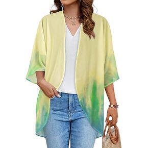 Women's Floral Print Puff Sleeve Kimono Cardigan Loose Cover Up Casual Blouse Tops