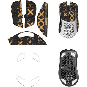 Mouse Grip Tape Full Coverage for Glorious Model D, Rounded Curved Edges Mouse Feet Skates,Self-Adhesive PreCut Sweat-Resistant Professional Mice Upgrade Kit(Foot pad + Black-Gold Mouse Tape)