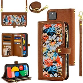 Floral Wallet Case for Google Pixel 5 with Wrist Strap Shoulder Strap Flip Zipper Purse, Luxury PU Leather Credit ID Card Holder Stand Cell Phone Cover for Pixel5 5G Pixle Five G5 Women Brown