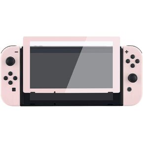 eXtremeRate Soft Touch Joycon Handheld Controller Housing with Full Set Black Buttons, Custom Replacment Shell Case with Pink Border Tempered Glass Screen Protector for Nintendo Switch Joy-Con