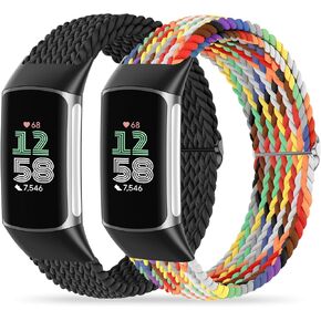 Bands Compatible with Fitbit Charge 5/Charge 6, Stretchy Braided Nylon 2 Pack Soft Loop Straps Replacement Adjustable Elastic Wristband for Fitbit Charge 6/5 Tracker Smart Watch for Women Men