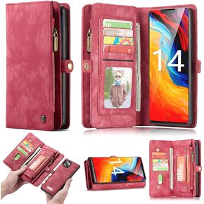 iPhone 14 Leather Detachable Wallet Zipper Case with 11 Card Slots Holder Magnetic case for iPhone 14 Flip Wallet Handle Wrist Strap Shockproof Pocket Handbag for Man Woman (Black)