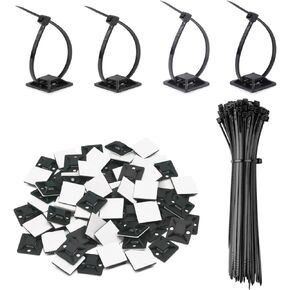 3/4" Strong Back-Glue Self Adhesive Black Cable Zip Tie Mounts 100pcs with 8" Zip Ties, UV Protection Outdoor Sticky Wire Fasteners Cable Clips Management Anchors Organizer Holders Squares (Black)