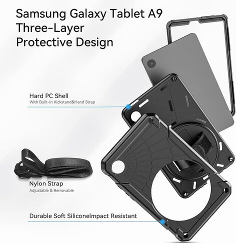 Case for Samsung Galaxy Tab A9 8.7 Inch 2023, 360° Rotating Stand, Hand Strap&Shoulder Strap Case for Samsung A9 Tablet(SM-X110/X115/X117) (Black) in Saudi Arabia