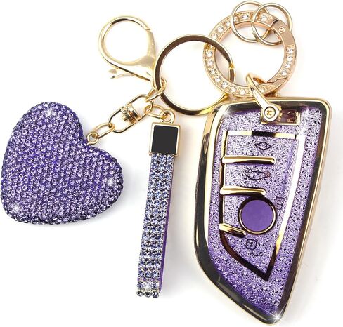 Key Fob Cover with Diamond Keychain Car Key Holder Case Compatible with BMW X1 X2 X3 X5 X6 X7 GT and 2 5 6 7 Series Smart Remote Key Protector for Women, 3 Buttons (Silver-Heart) in Kuwait