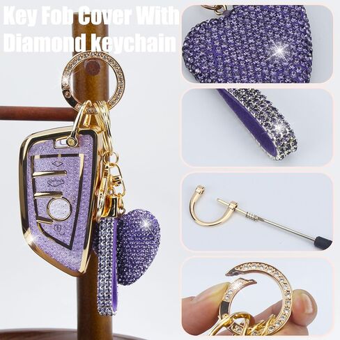 Key Fob Cover with Diamond Keychain Car Key Holder Case Compatible with BMW X1 X2 X3 X5 X6 X7 GT and 2 5 6 7 Series Smart Remote Key Protector for Women, 3 Buttons (Silver-Heart) in Kuwait