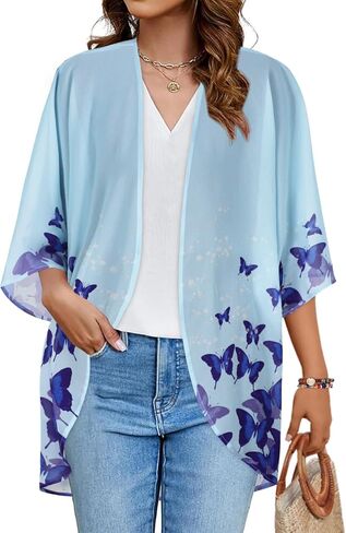 Women's Floral Print Puff Sleeve Kimono Cardigan Loose Cover Up Casual Blouse Tops in Kuwait