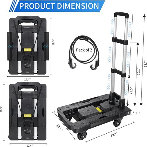 Folding Hand Truck,290LBS Heavy Duty Foldable Dolly Cart,Foldable Platform Truck with 5 Wheels & 2 built-in fixed elastic cords,3-Stage Adjustable Handle Luggage Cart for Travel,Moving,Shopping in Saudi Arabia