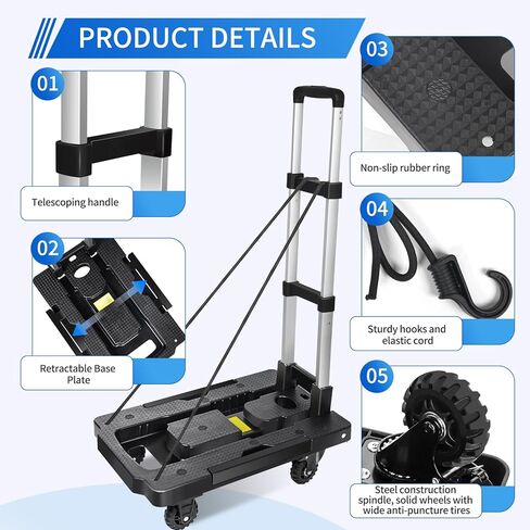 Folding Hand Truck,290LBS Heavy Duty Foldable Dolly Cart,Foldable Platform Truck with 5 Wheels & 2 built-in fixed elastic cords,3-Stage Adjustable Handle Luggage Cart for Travel,Moving,Shopping in Saudi Arabia
