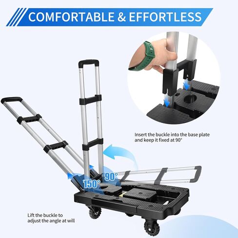 Folding Hand Truck,290LBS Heavy Duty Foldable Dolly Cart,Foldable Platform Truck with 5 Wheels & 2 built-in fixed elastic cords,3-Stage Adjustable Handle Luggage Cart for Travel,Moving,Shopping in Saudi Arabia