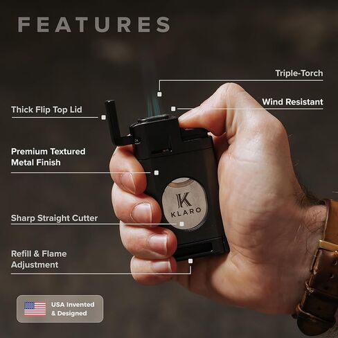 KLARO Triple Torch Lighter and Guillotine Cutter - Protective Lighter Cover, Manual Straight Cut – Black Powder-Coated Finish – Cigar Lighter for Men in Kuwait