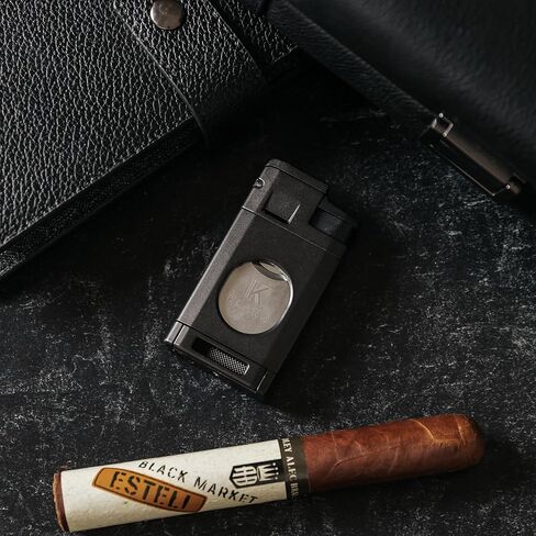 KLARO Triple Torch Lighter and Guillotine Cutter - Protective Lighter Cover, Manual Straight Cut – Black Powder-Coated Finish – Cigar Lighter for Men in Kuwait