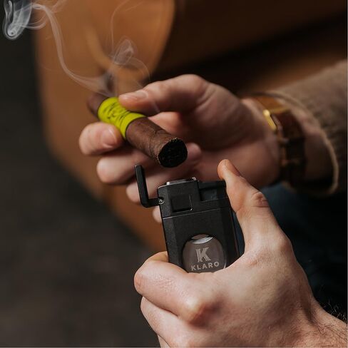 KLARO Triple Torch Lighter and Guillotine Cutter - Protective Lighter Cover, Manual Straight Cut – Black Powder-Coated Finish – Cigar Lighter for Men in Kuwait