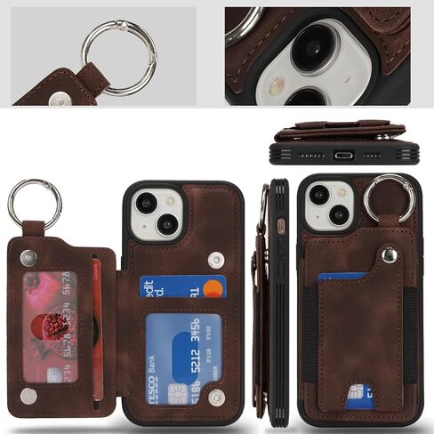 Case for iPhone 15 Phone Case with Keychain Ring Credit Card Holder for Women, for iPhone 15 Leather Case Wallet with Kickstand Card Slots Fashionable Case for Men- Teal in Kuwait