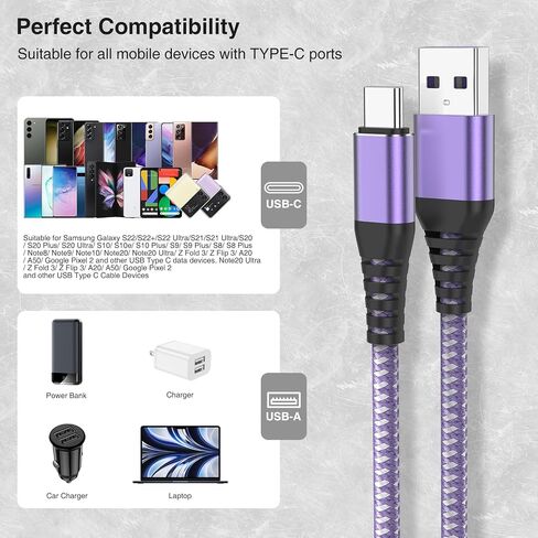 كابل USB C من النوع C بطول 10 أقدام، سلك شحن سريع مجدول من النايلون 3A، كابل سلك شاحن USB A إلى النوع C لهاتف iPhone 15 Samsung Galaxy S20 S10 S9 S8 Plus S10E، Note 20 10 9 8، Moto G7 G8 in Kuwait