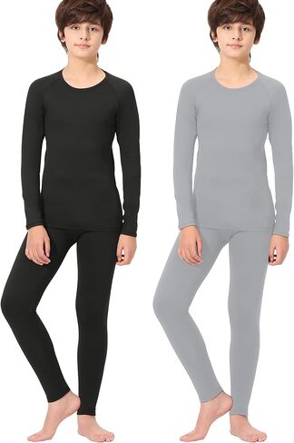 Rolimaka 2/1 Set Youth Boys' Thermal Underwear Set Compression Shirt Leggings Fleece Lined Pants Kids' Base Layer Winter in Kuwait