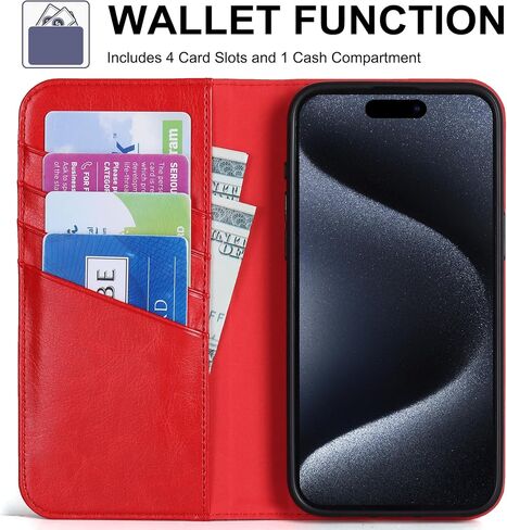 متوافق مع علبة iPhone 15 Plus Wallet ، علبة PU Leather Flip مع حاملي البطاقات Magnetic TPU Kickstand Folio مصممة لـ iPhone 15 Plus (6.7 بوصة) (أحمر) (أحمر) in Saudi Arabia