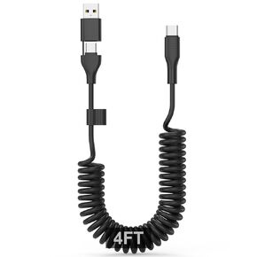 60W Coiled USB C Cable 4FT, 2-in-1 Universal Type A/C Car Charger Cable [CarPlay & Android Auto] Retractable Fast Charging Cord for iPhone 16/15 Pro/Plus/Max, iPads, iPods, MacBook, Galaxy, Note, etc