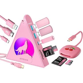 1.6ft Pink 8-in-1 USB-C HDMI Hub + 8cm USB-C SD Card Reader for Ultimate Workspace Efficiency, for iPad Pro, MacBook, Samsung Galaxy S24